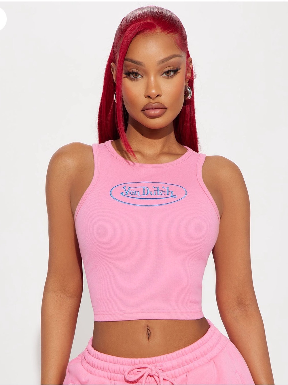 Von Dutch Pink Ribbed Crop Tank with Blue Logo 🍬🍬